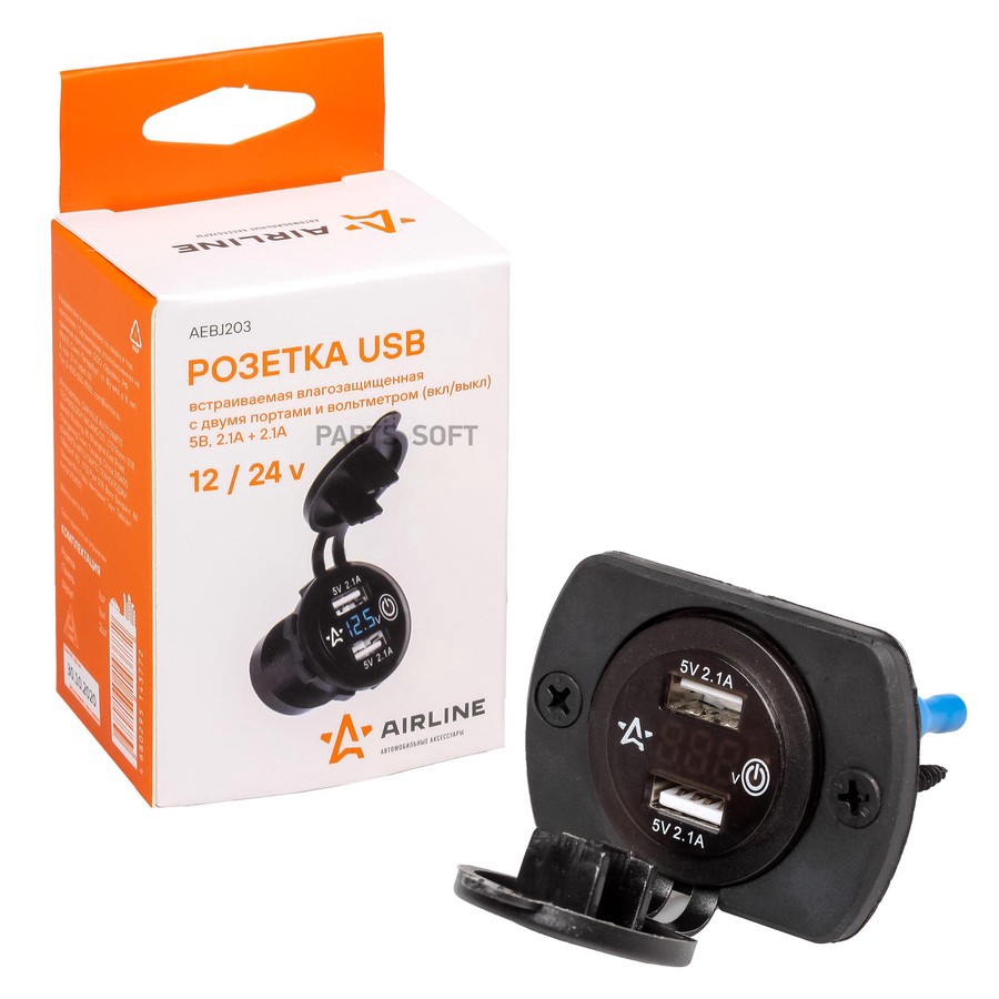 Розетка автомобильная "AIRLINE" (USB встраиваемая влагозащитная, 2 порта, вольтметр (5В, 2.1А + 2.1А - AIRLINE None None